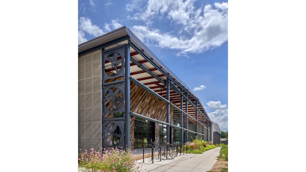 A building with a glass front.